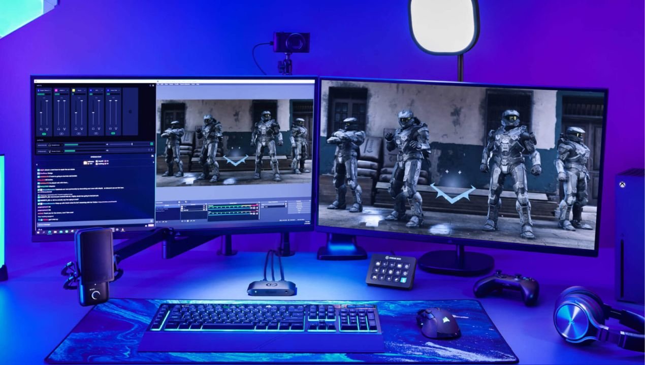 Volledig ingerichte Elgato gaming studio setup met Key Lights, Stream Deck, greenscreen en camera’s, klaar voor professionele livestreams en opnames.